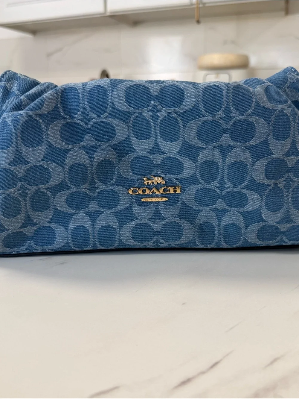 Coach Denim Signature Jacquard Cosmetic Pouch with Gold Logo